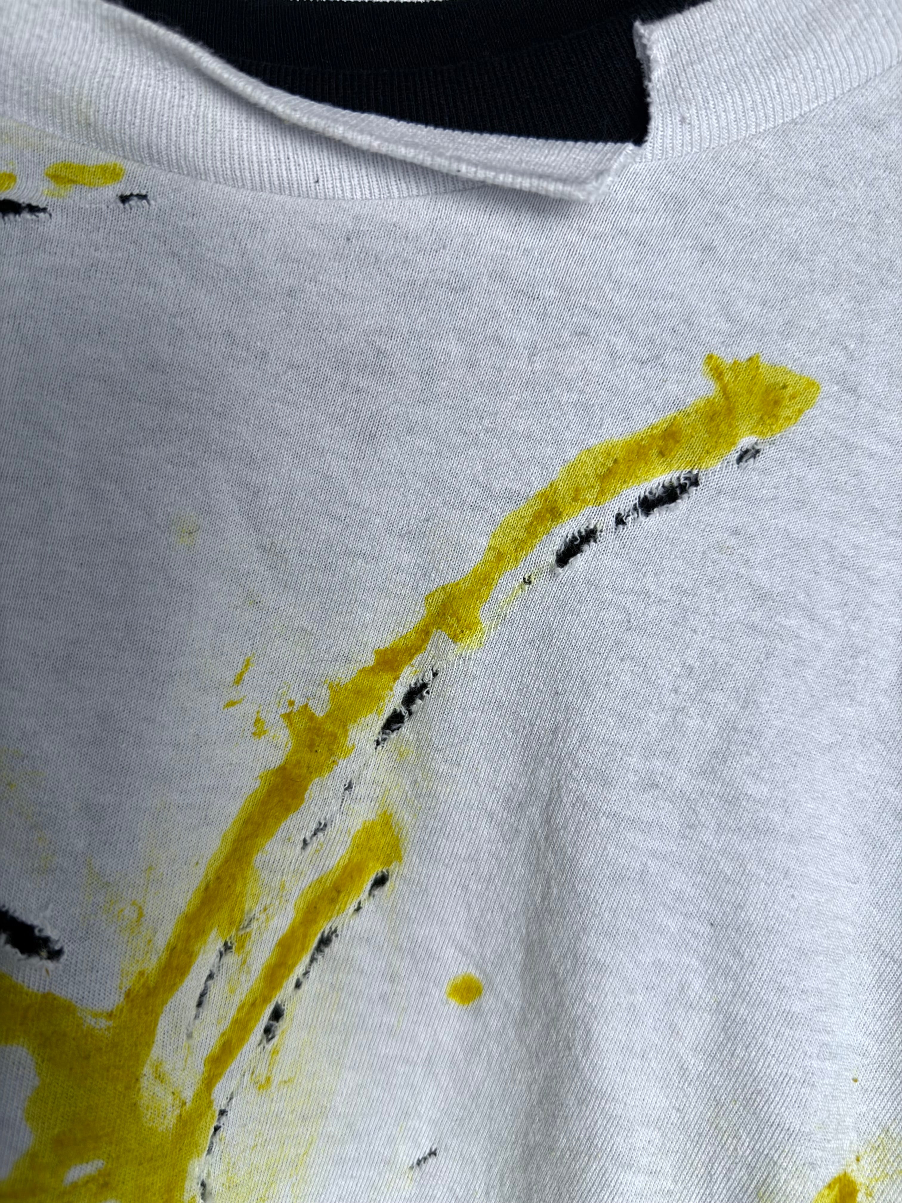 Avant-Garde Distressed Shirt with Artistic Yellow Paint Accents