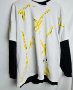 Load image into Gallery viewer, Avant-Garde Distressed Shirt with Artistic Yellow Paint Accents
