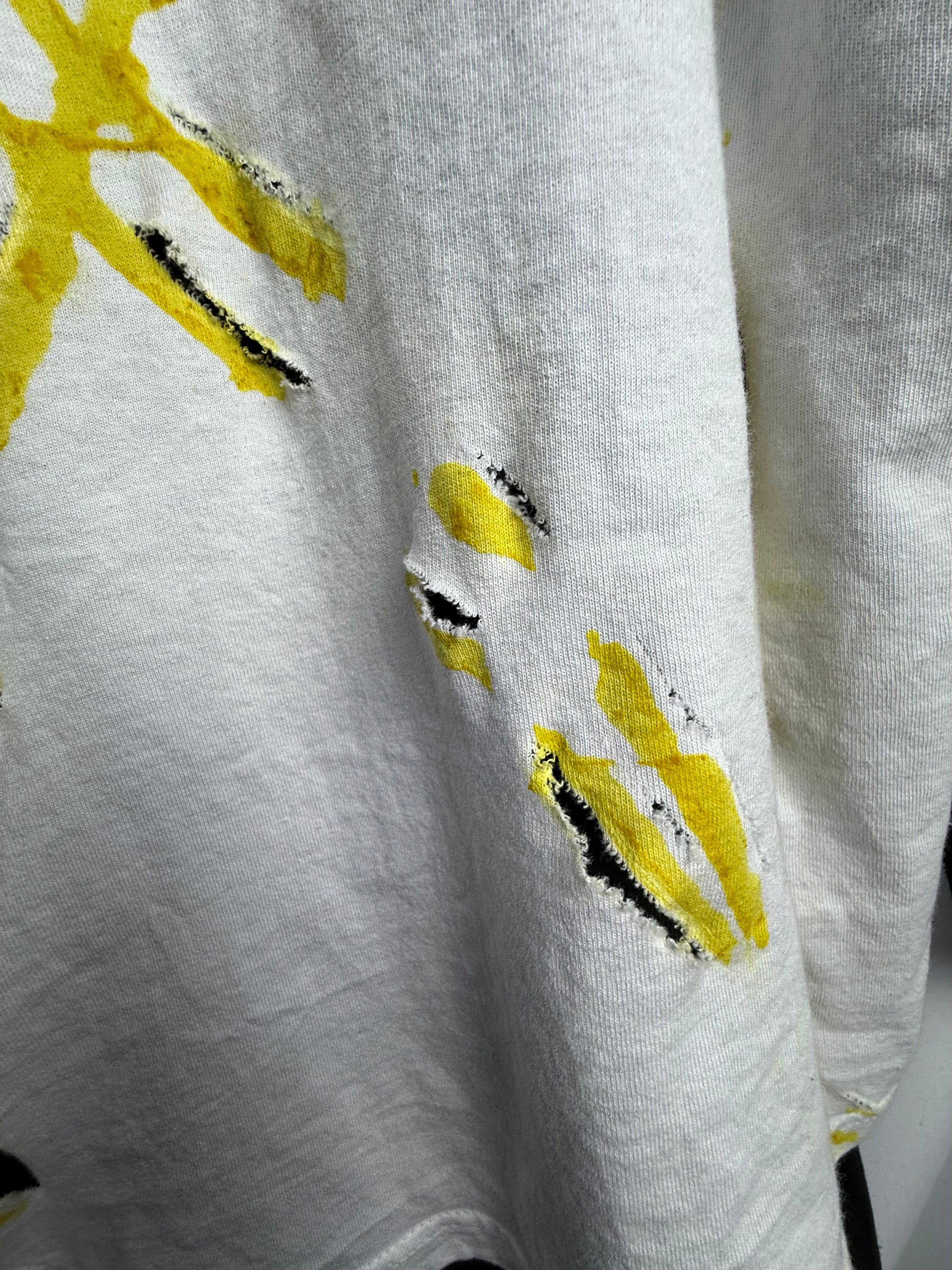 Avant-Garde Distressed Shirt with Artistic Yellow Paint Accents