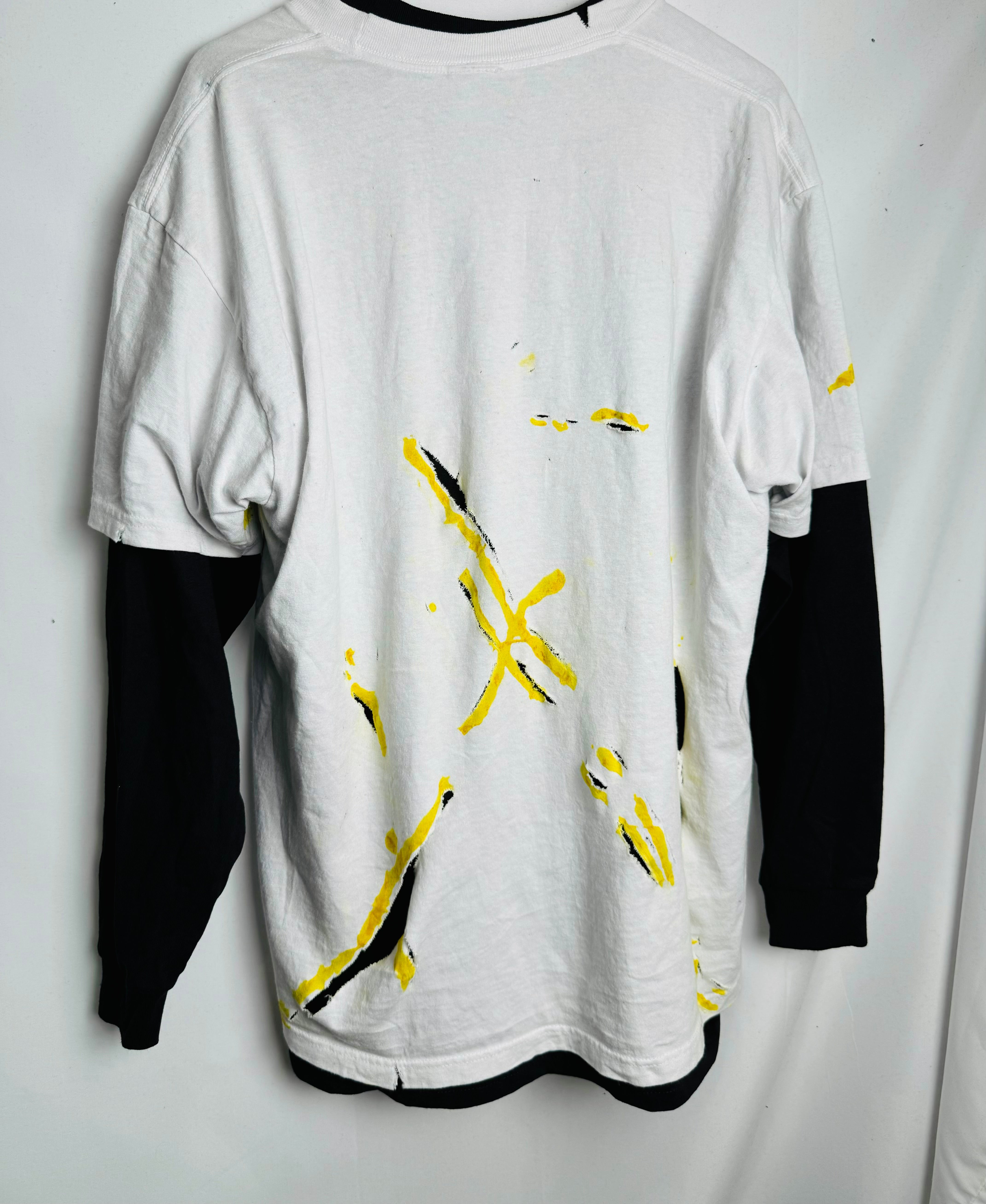 Avant-Garde Distressed Shirt with Artistic Yellow Paint Accents